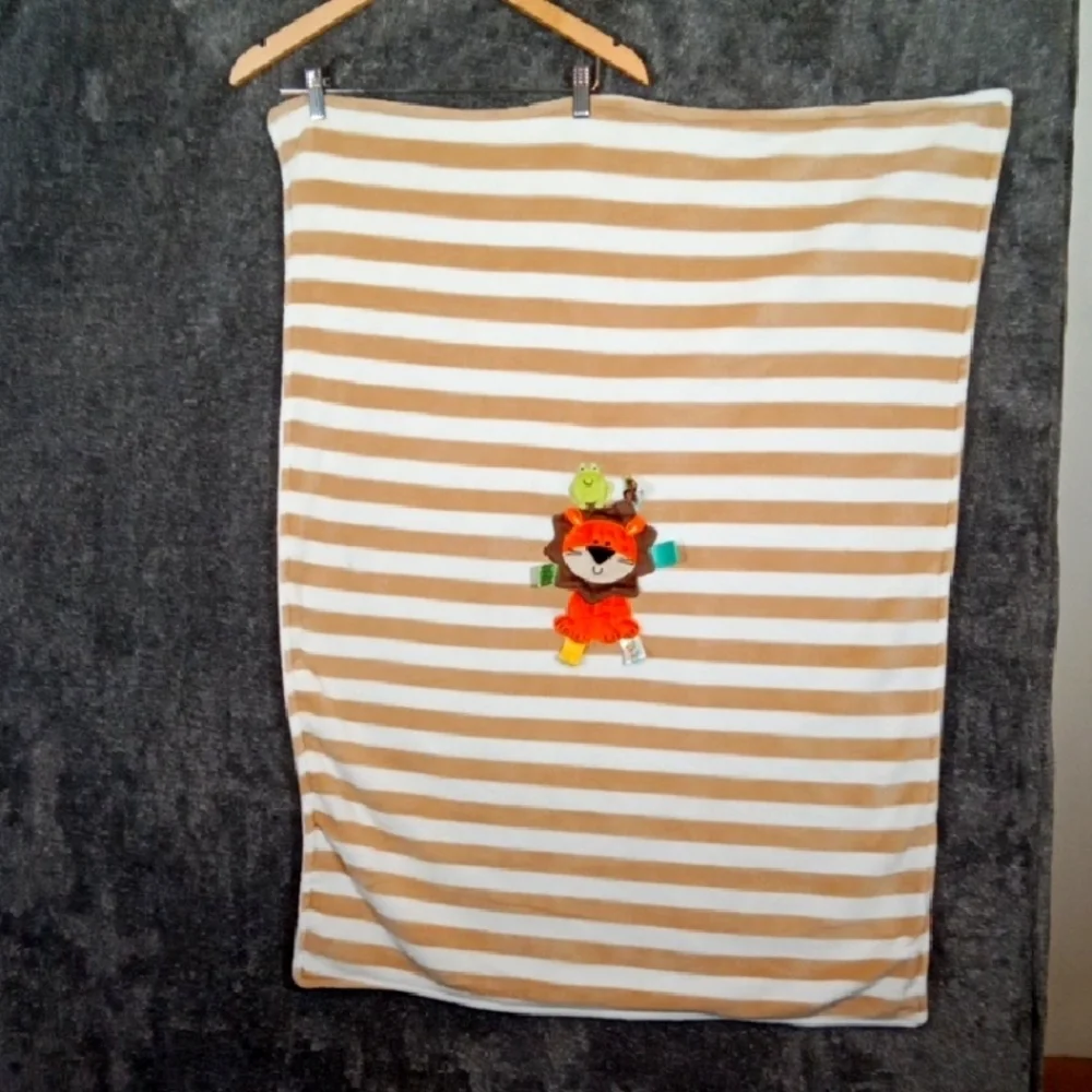 Taggies Baby Blanket Brown Tan Stripe Lion Frog Security Lovey Ribbons